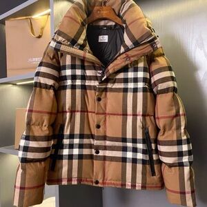 Burberry Tan and Black Check Puffer Jacket
